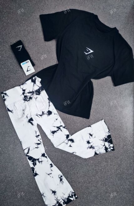 لباس رياضي ليجينز واسع من الأسفل 3 قطع - Tenue sport Legging evasé marbre 3 pcs<span> - </span>M/L, Blanc